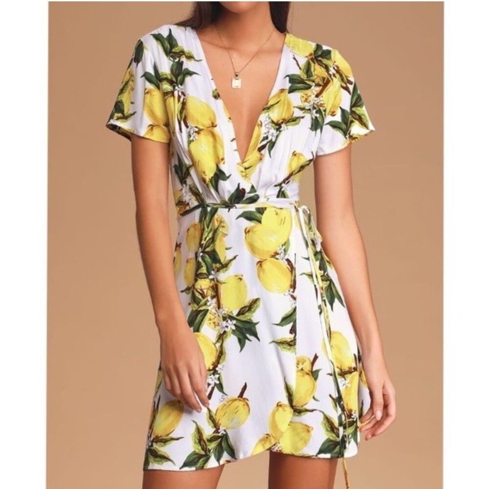 Lulus A La Tart White Yellow Lemon Print Wrap Mini Dress Women's XXS Vacation